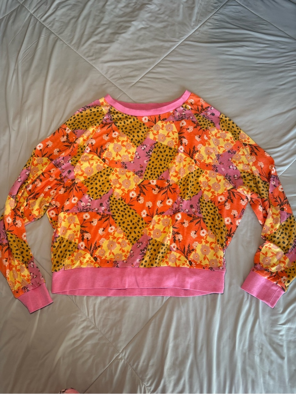 Honeydew USA Pink, Orange & Yellow Floral Patchwork Long Sleeve Top Cheetah